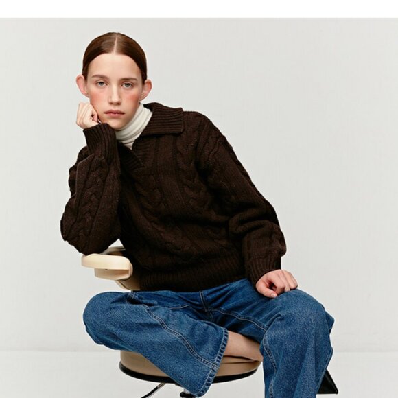 NWT Mohan Brown Collar V-Neck Wool Blend Cable Knit Sweater Size M - Picture 2 of 5